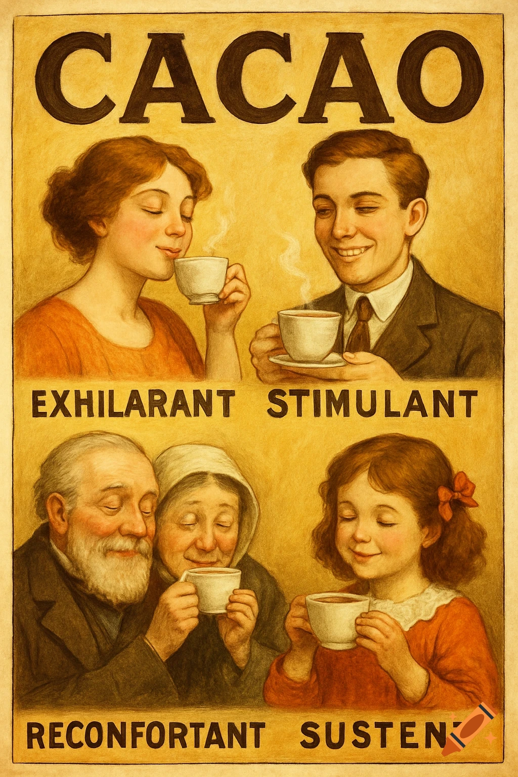 Vintage poster style illustration of four people of different ages happily drinking cacao from cups with text.