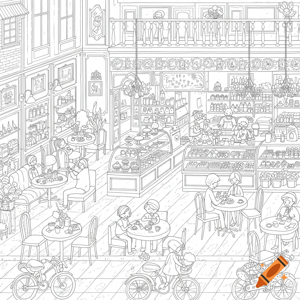 Detailed black and white line drawing of a busy cafe interior with customers, tables, and display cases.