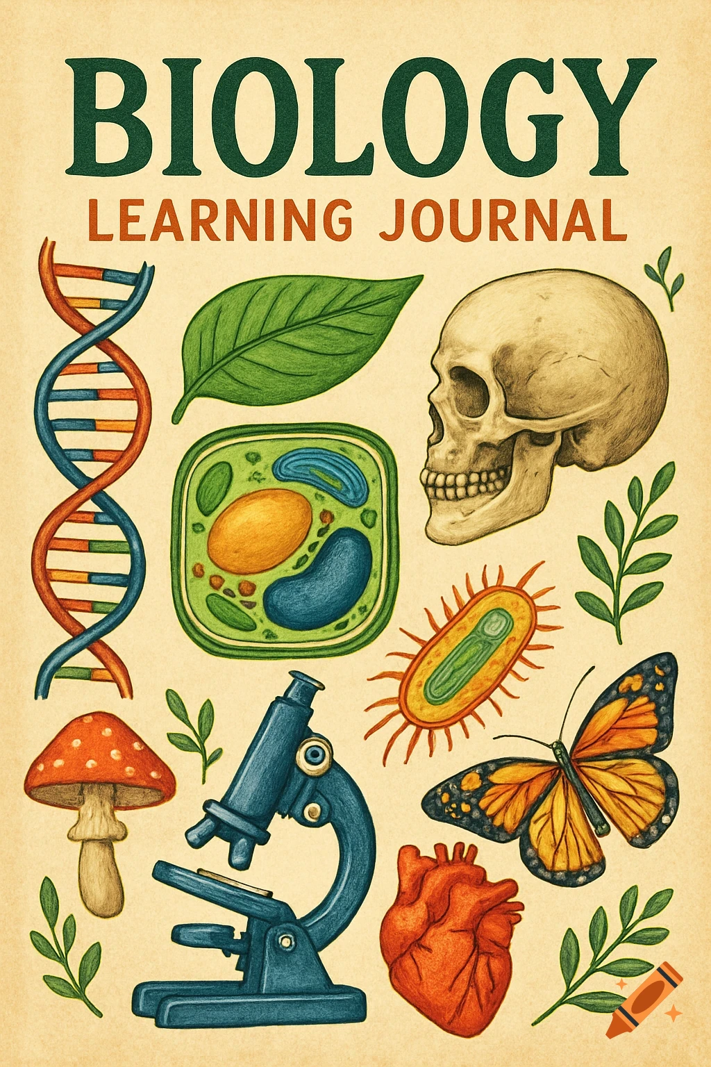 Colored pencil illustration for a Biology Learning Journal cover with DNA, skull, cell, microscope, heart, butterfly.
