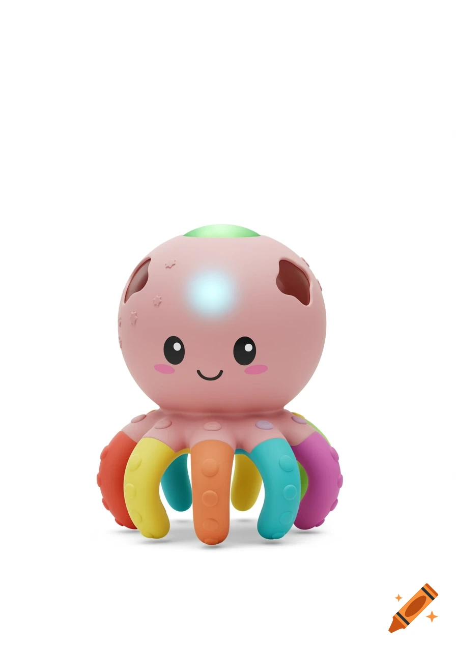 Photorealistic pink toy octopus with glowing head, happy face, and colorful textured tentacles on a white background