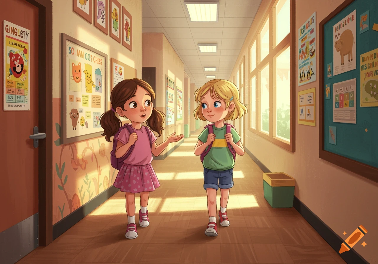 Two young girls walk and talk in a sunny school hallway lined with posters, in a children's illustration style.