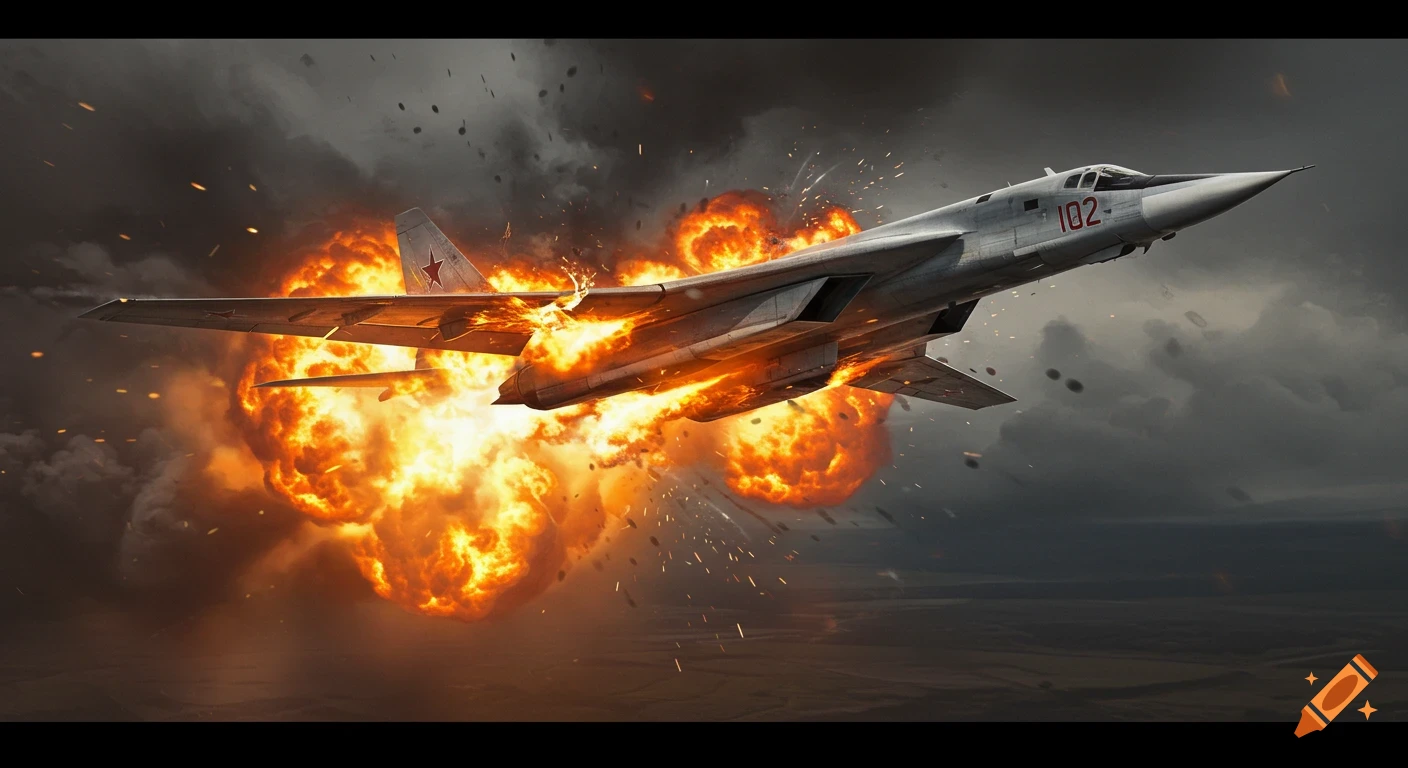 A Russian strategic bomber plane is engulfed in large explosions and fire while flying through a dark, cloudy sky.
