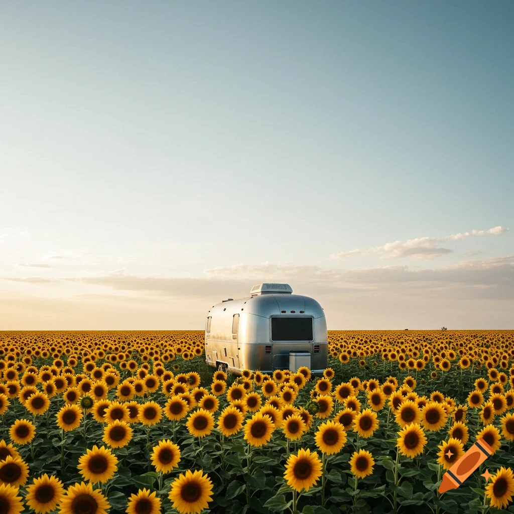 A silver Airstream trailer sits in the middle of a vast field of bright yellow sunflowers under a clear sky.