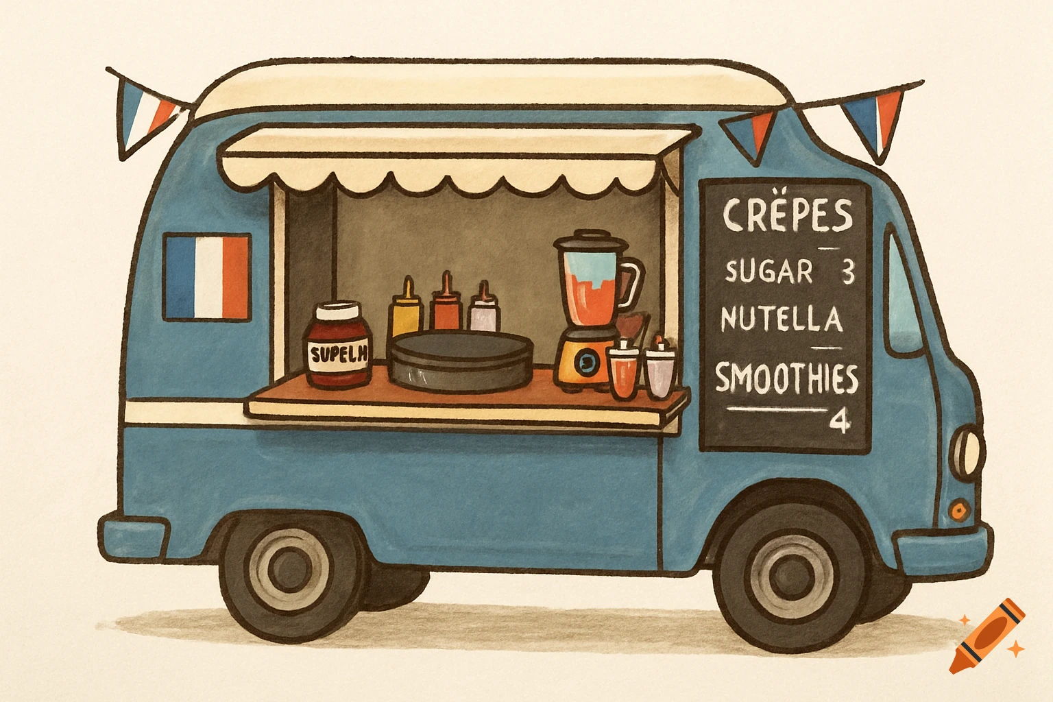 Cartoon illustration of a blue French food truck serving crepes and smoothies.