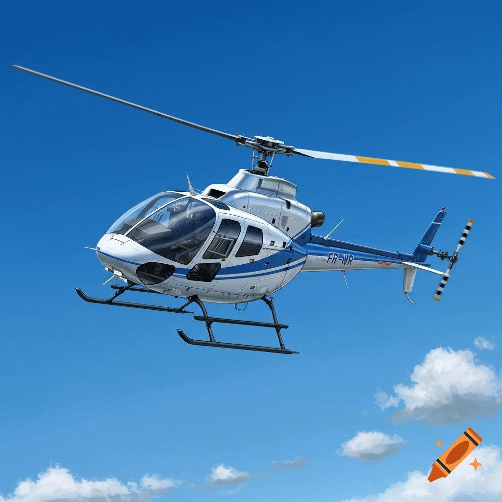 A white and blue helicopter flies in a blue sky with scattered clouds.