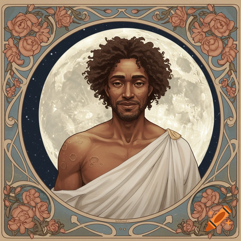 Portrait of a man against a full moon, in an art nouveau frame with flowers.
