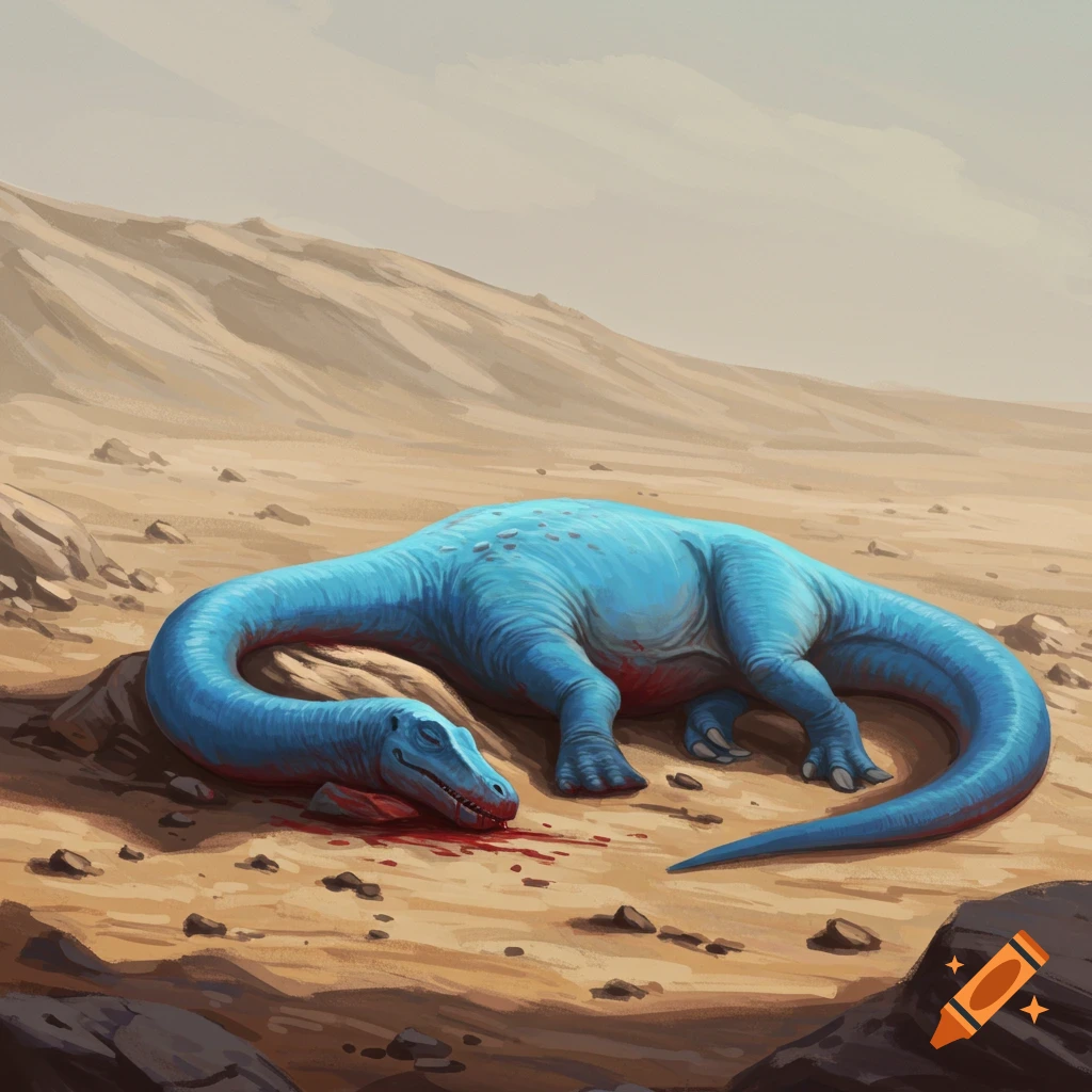 Illustration of a dead blue dinosaur lying in a desert landscape.