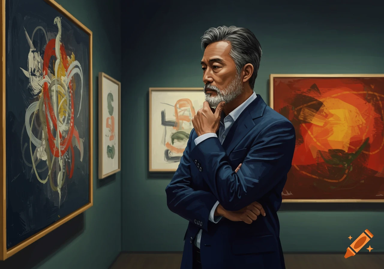Man in a suit examining abstract art in a gallery.