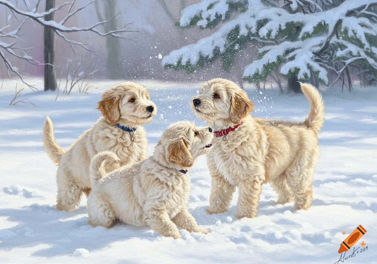 Three golden retriever puppies playing in snow, painting