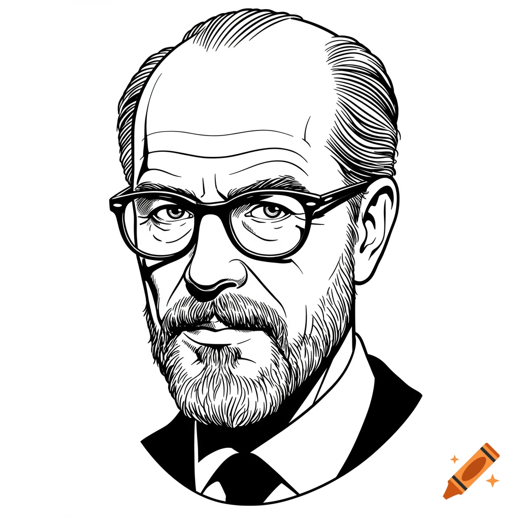 Black and white line drawing of a balding man with a beard and glasses.
