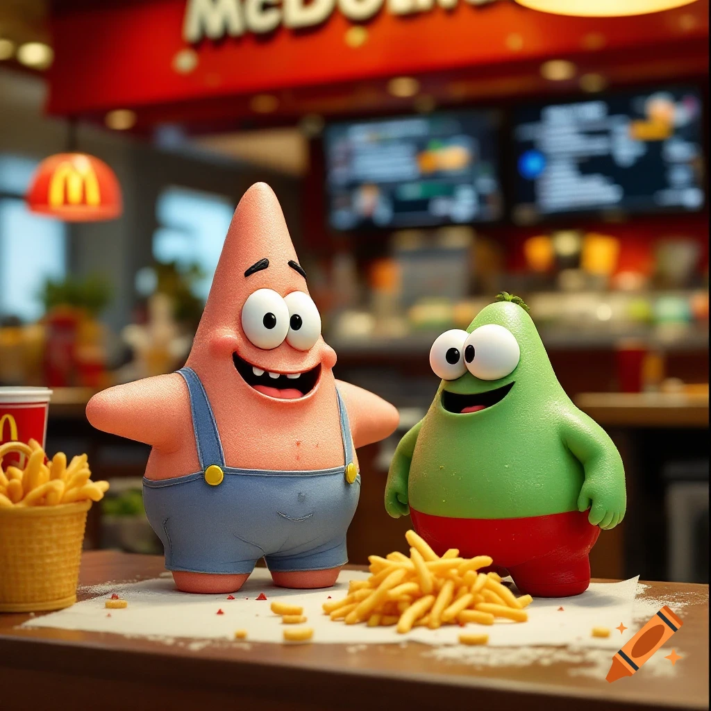 Stylized cartoon figures of Patrick Star and a green character with fries inside a McDonald's.