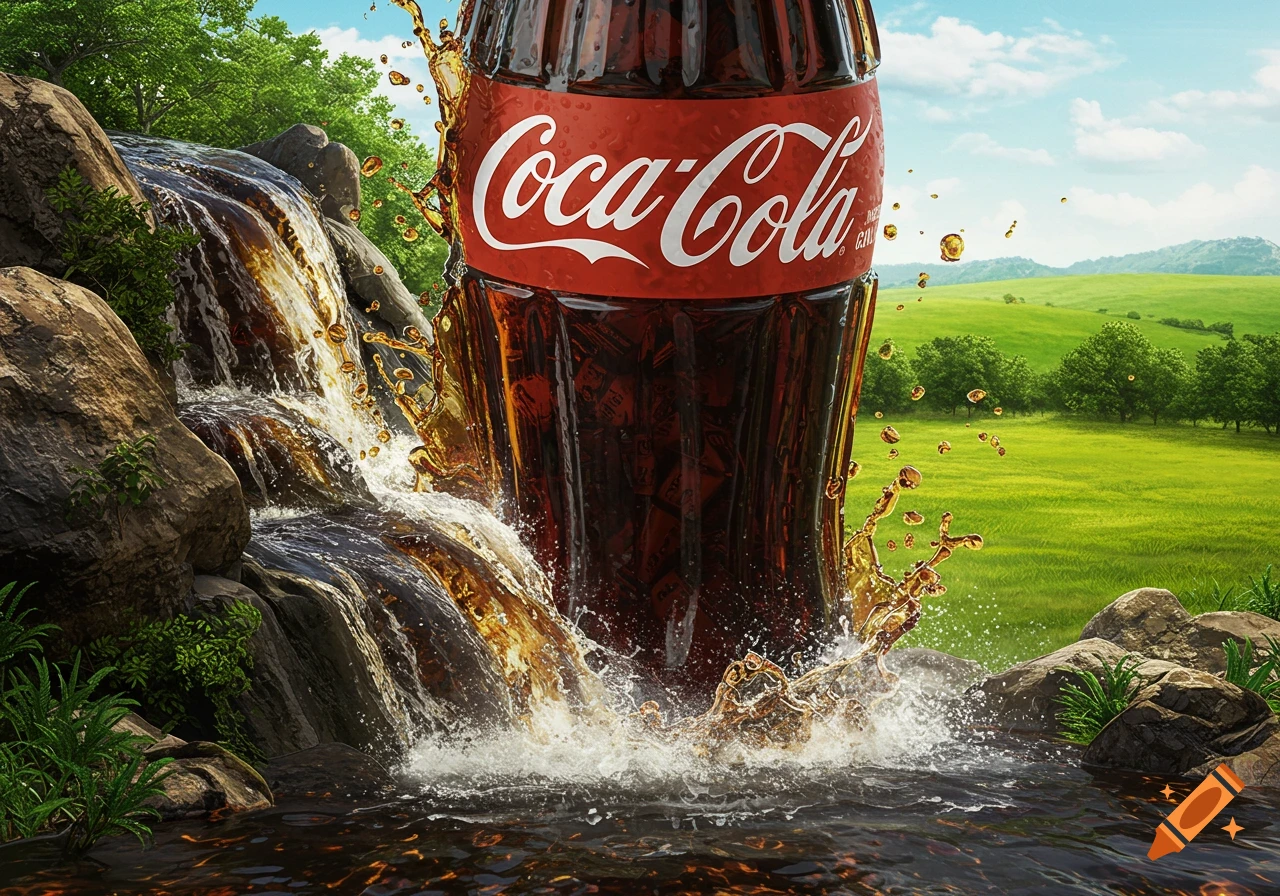 Giant Coca-Cola bottle forms a waterfall in a lush green landscape