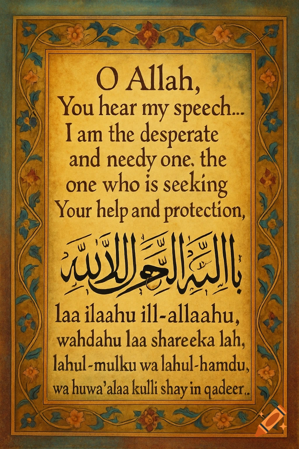 Religious text in English and Arabic within a decorative floral frame, in an illuminated manuscript style.
