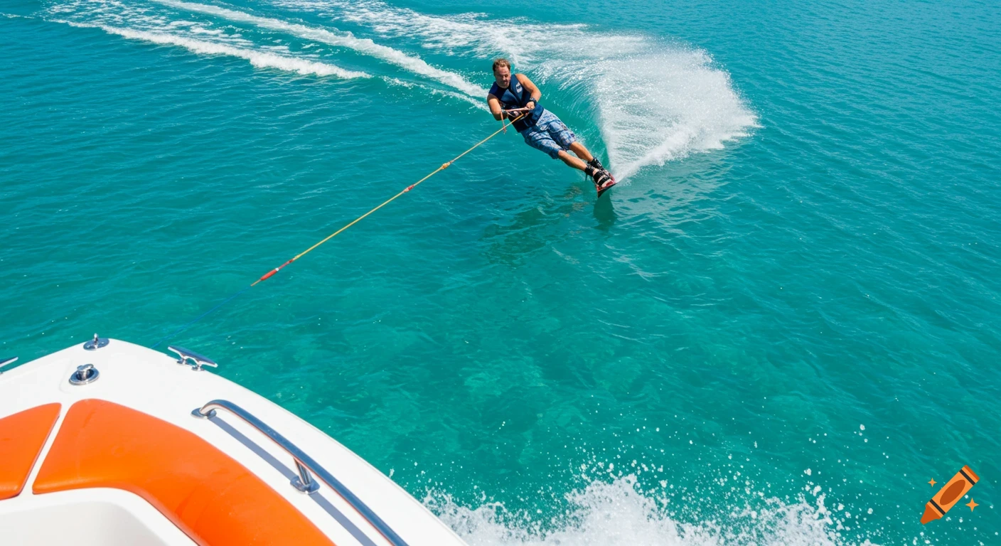 A man water skiing behind a boat on the clear blue ocean.