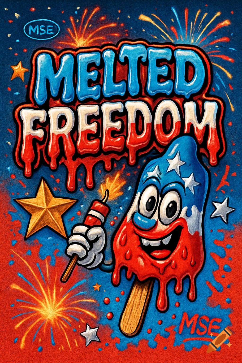 Pop art illustration of a melting patriotic popsicle character holding a firecracker, with fireworks, stars, and 'Melted Freedom' text.