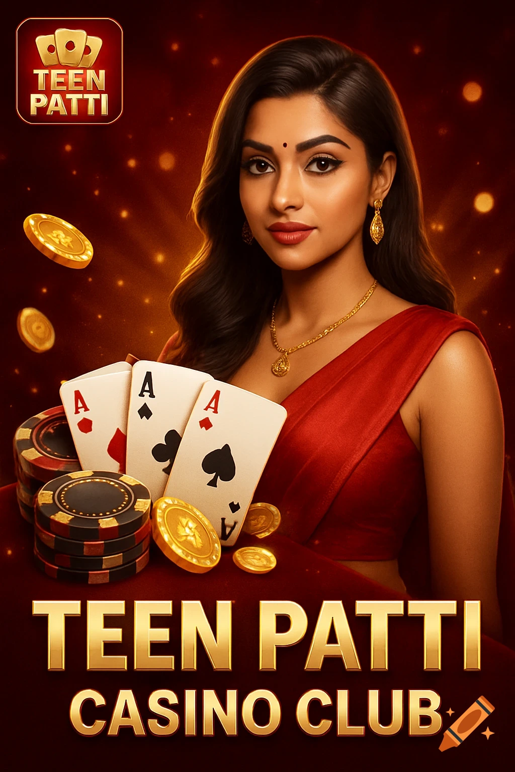Indian woman with poker chips, cards, and coins, text reads 'Teen Patti Casino Club'