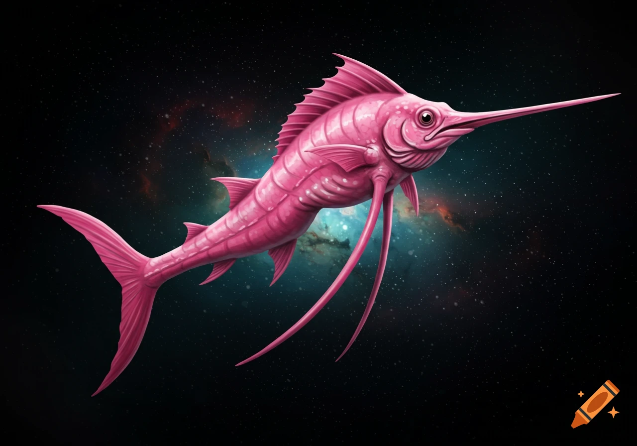 A pink fish creature with long dangling tentacles floats in space. on ...