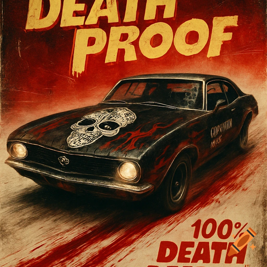 Grindhouse style poster of a black muscle car with a skull on the hood and bloody trails, with the title 'Death Proof'.