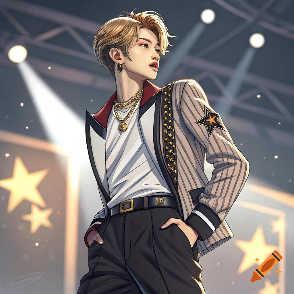 Anime style portrait of a young man in a pinstripe suit and gold jewelry on a stage with spotlights.