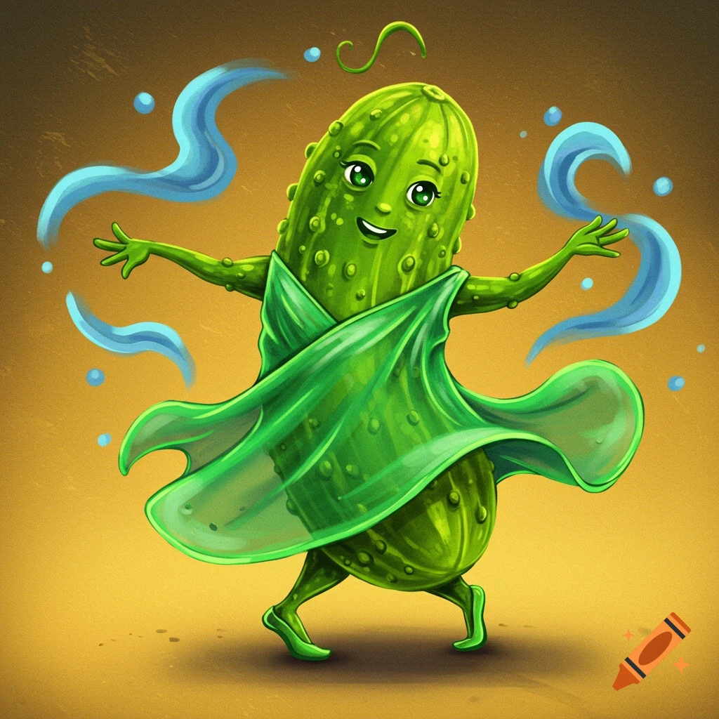 Cartoon dancing pickle in a green dress