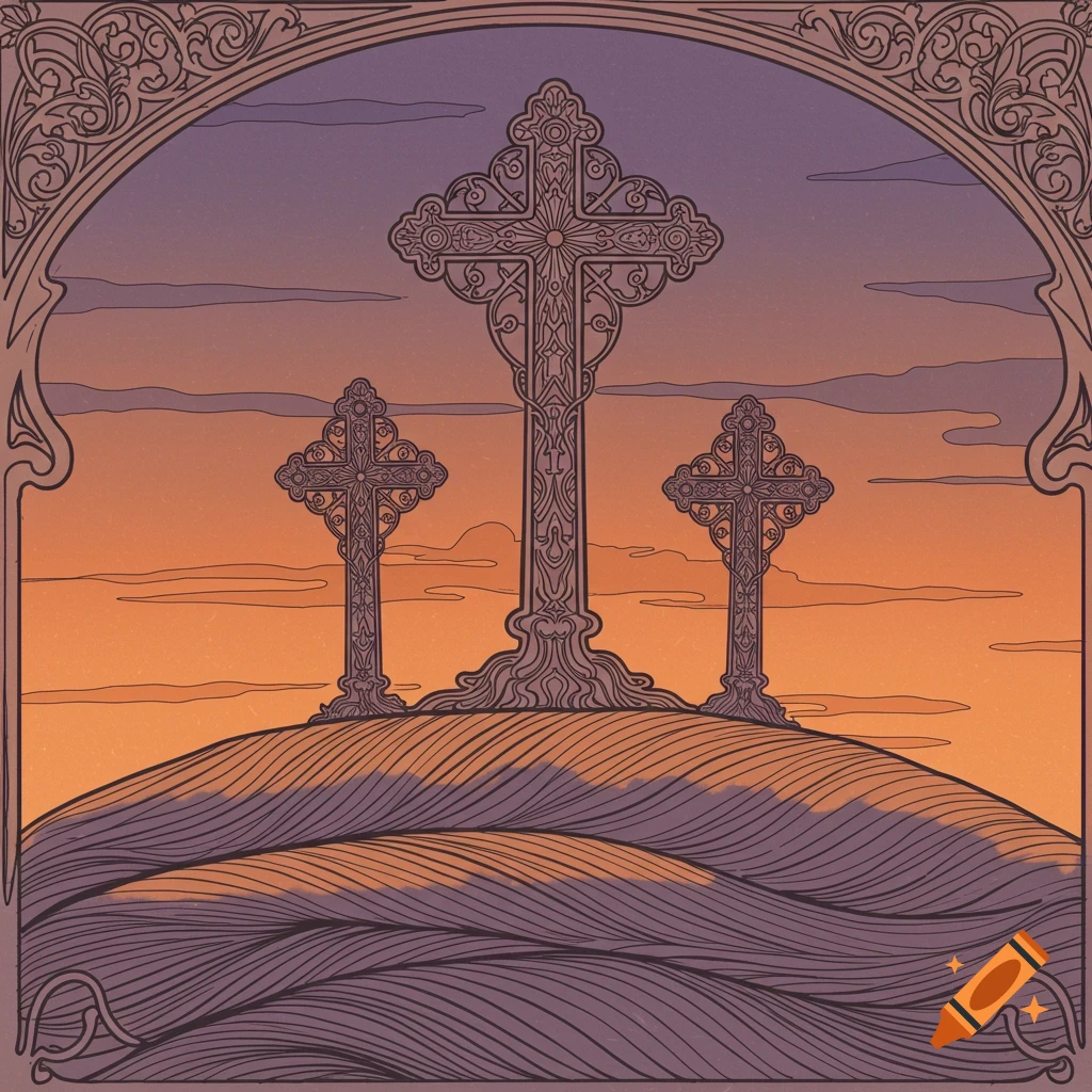 Art Nouveau drawing of three crosses on a hill at sunset