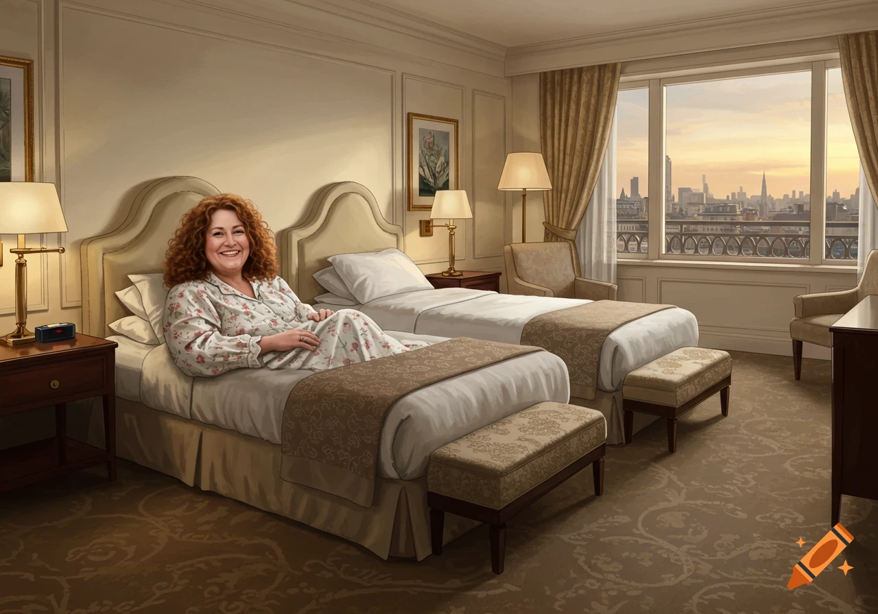 Woman with curly red hair lies in a hotel bed.
