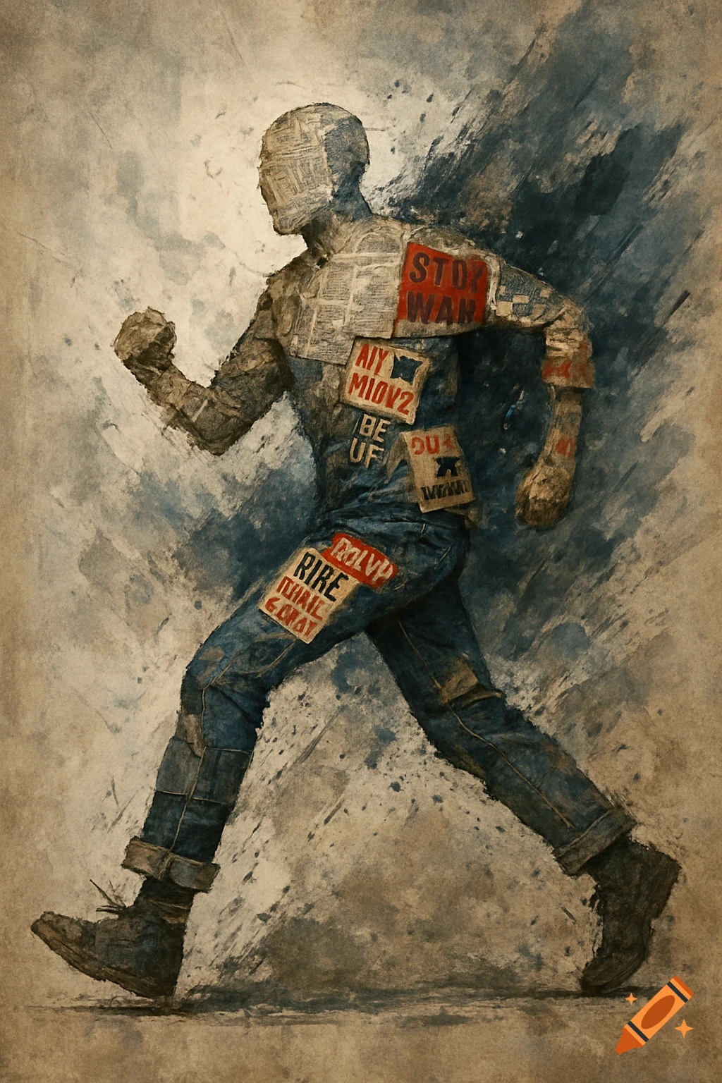 Mixed media figure made of newspaper and patches strides forward in a textured painting style.