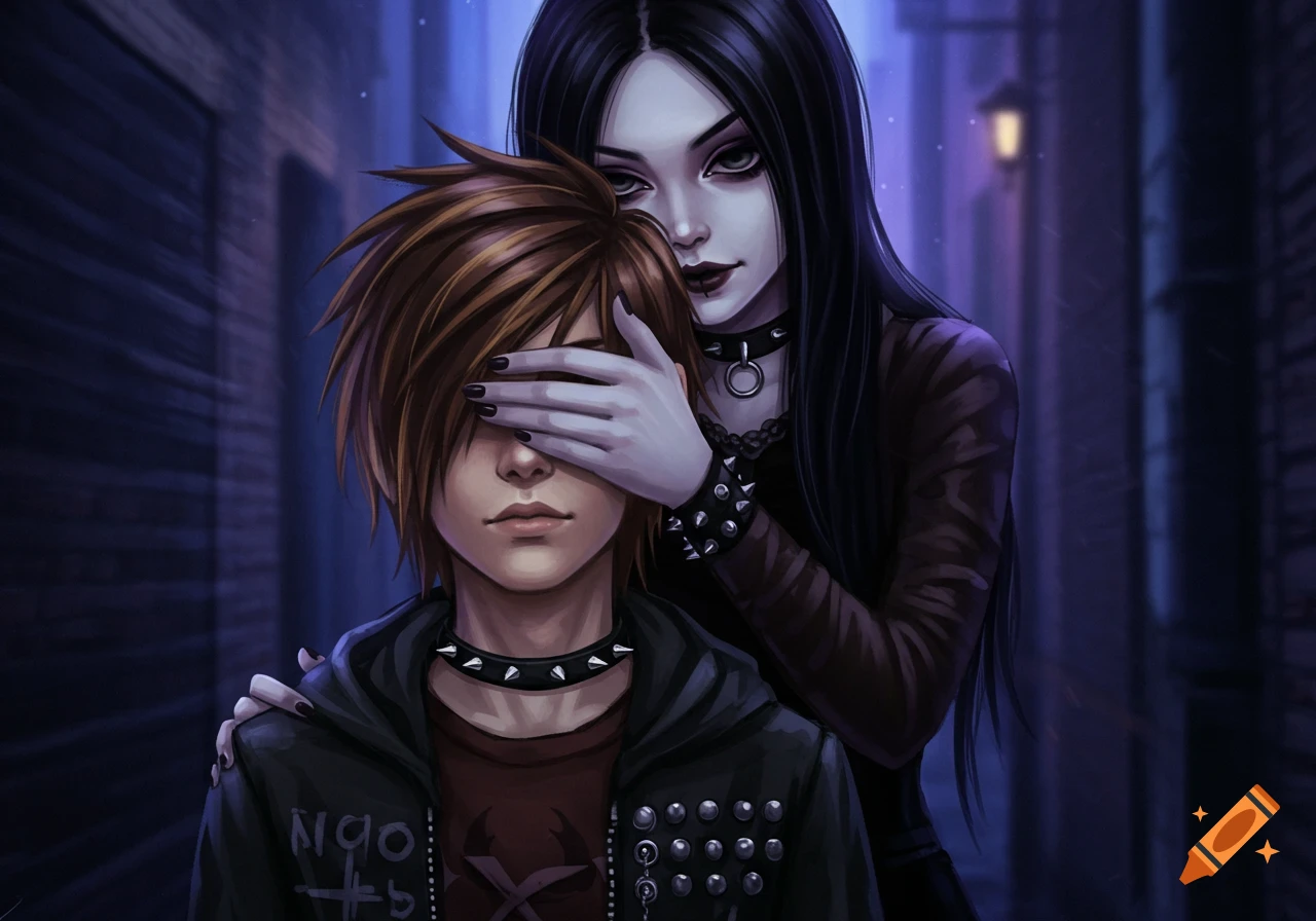 Stylized illustration of an emo boy with brown hair covering his eyes, guided by a pale goth girl with black hair behind him, in a dark alley.