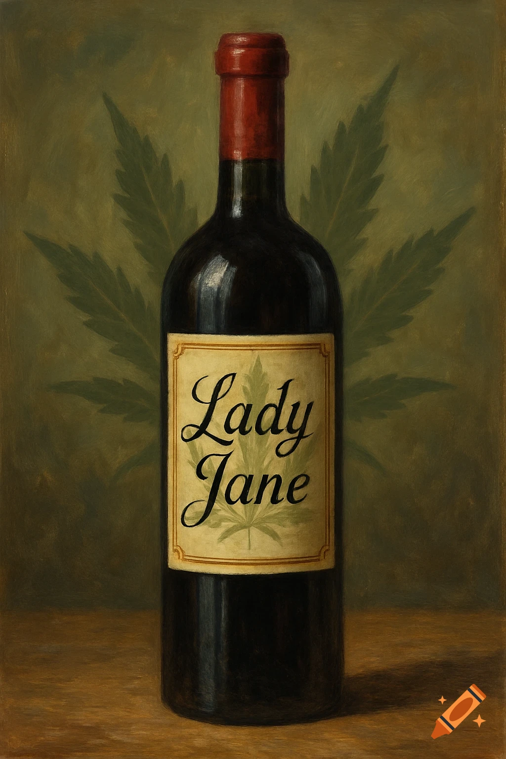 Still life painting of a wine bottle with 'Lady Jane' label and cannabis leaves.