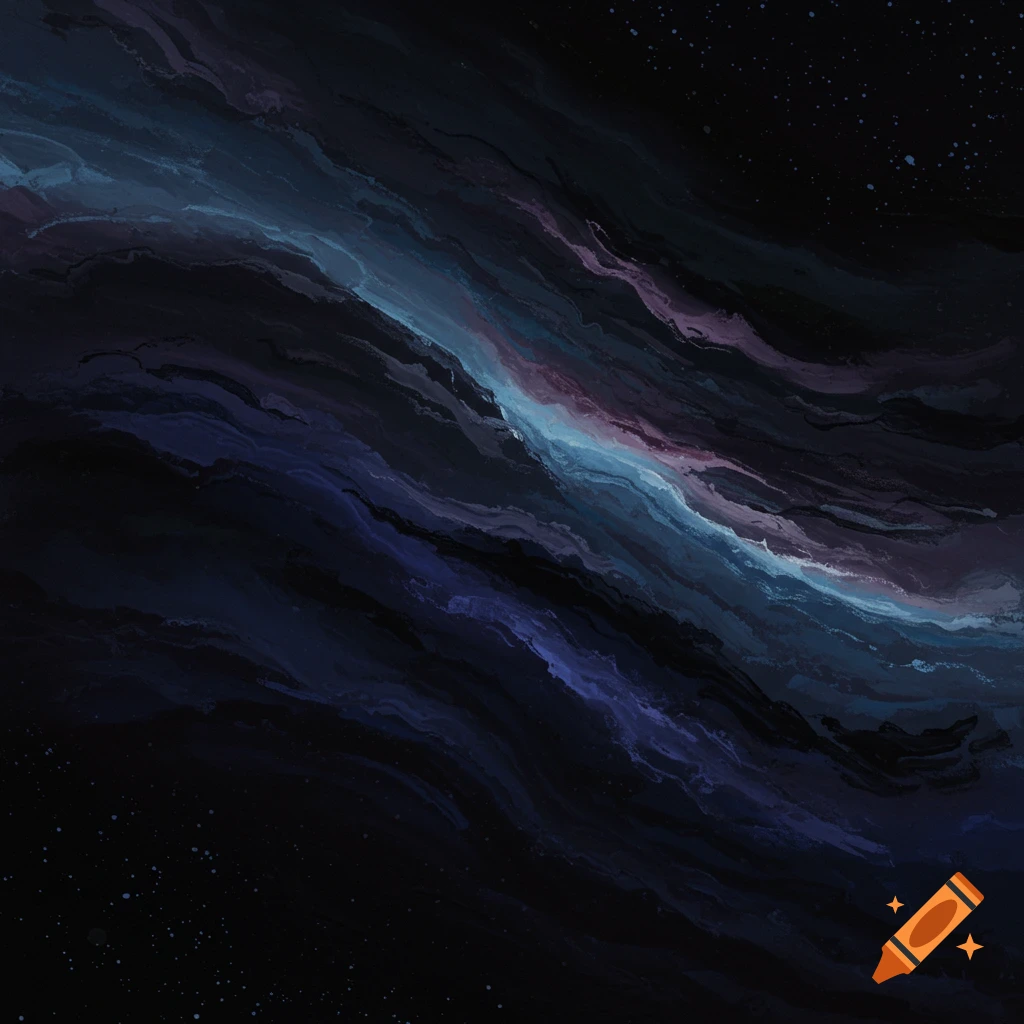 Abstract painting of dark blue, purple, and black wavy forms with speckles.