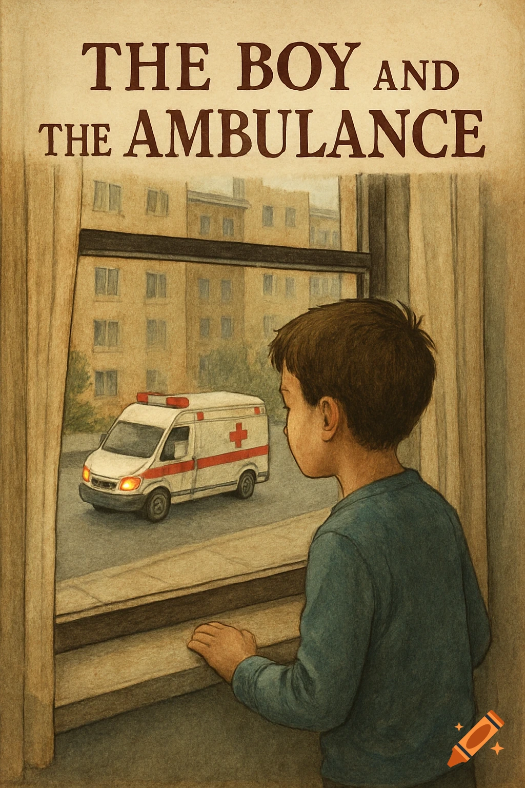 Illustration of a boy looking out a window at an ambulance. Text reads "THE BOY and THE AMBULANCE".