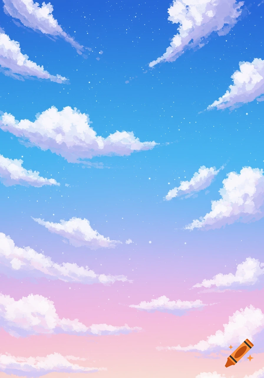 An ombre pink, purple, and blue sky with white fluffy clouds and tiny white stars.