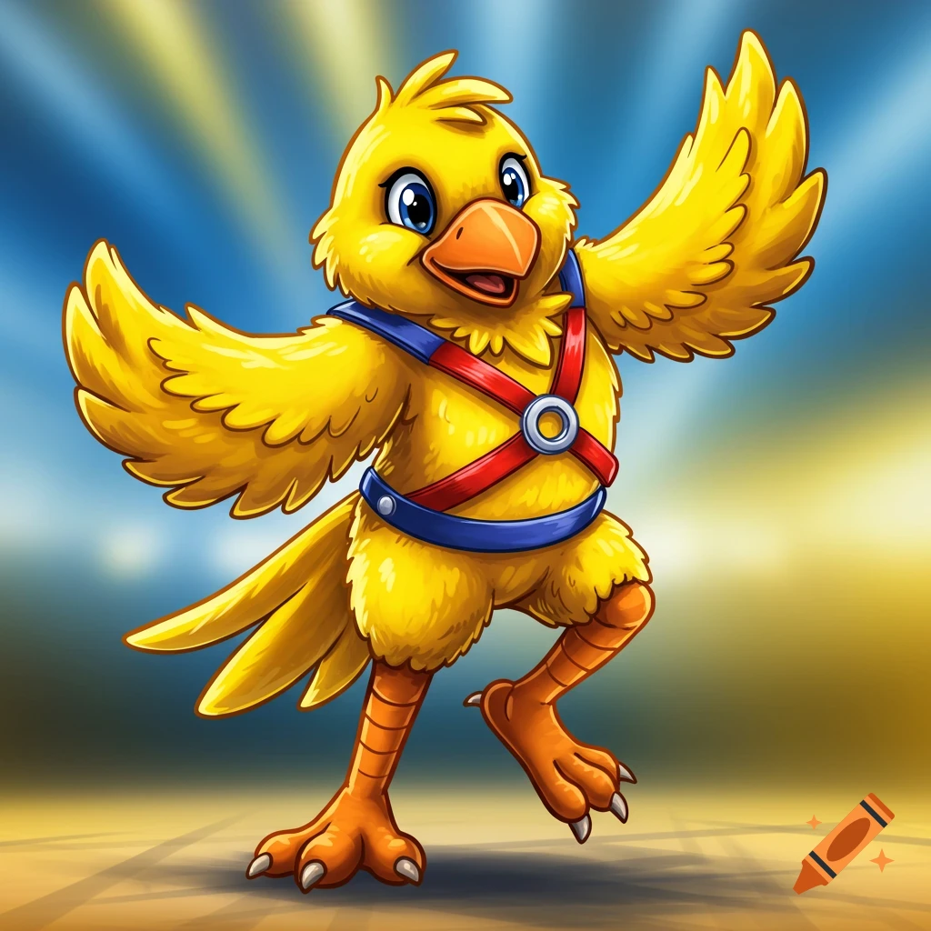 A cartoon yellow bird mascot wearing a harness dances.
