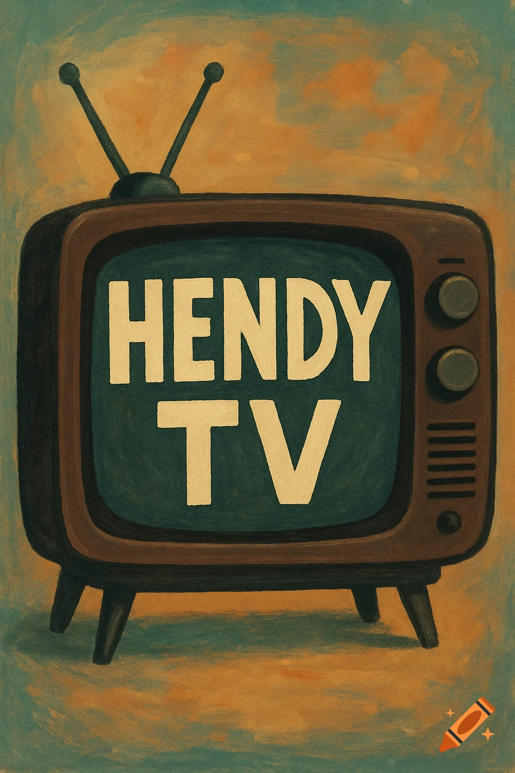 A painting of an old TV screen displaying 'HENDY TV'.