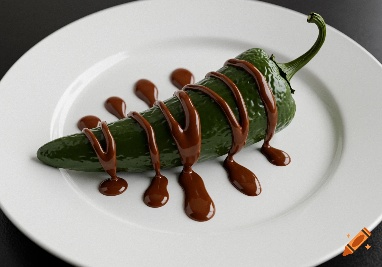 A green chili pepper drizzled with chocolate sauce on a white plate.