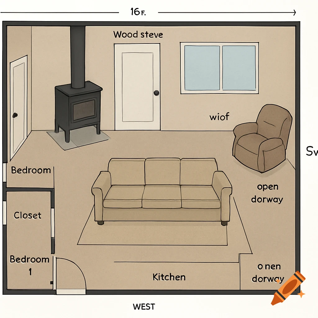 Illustrated top-down floor plan of a room with a sofa, armchair, wood stove, windows, and text labels.