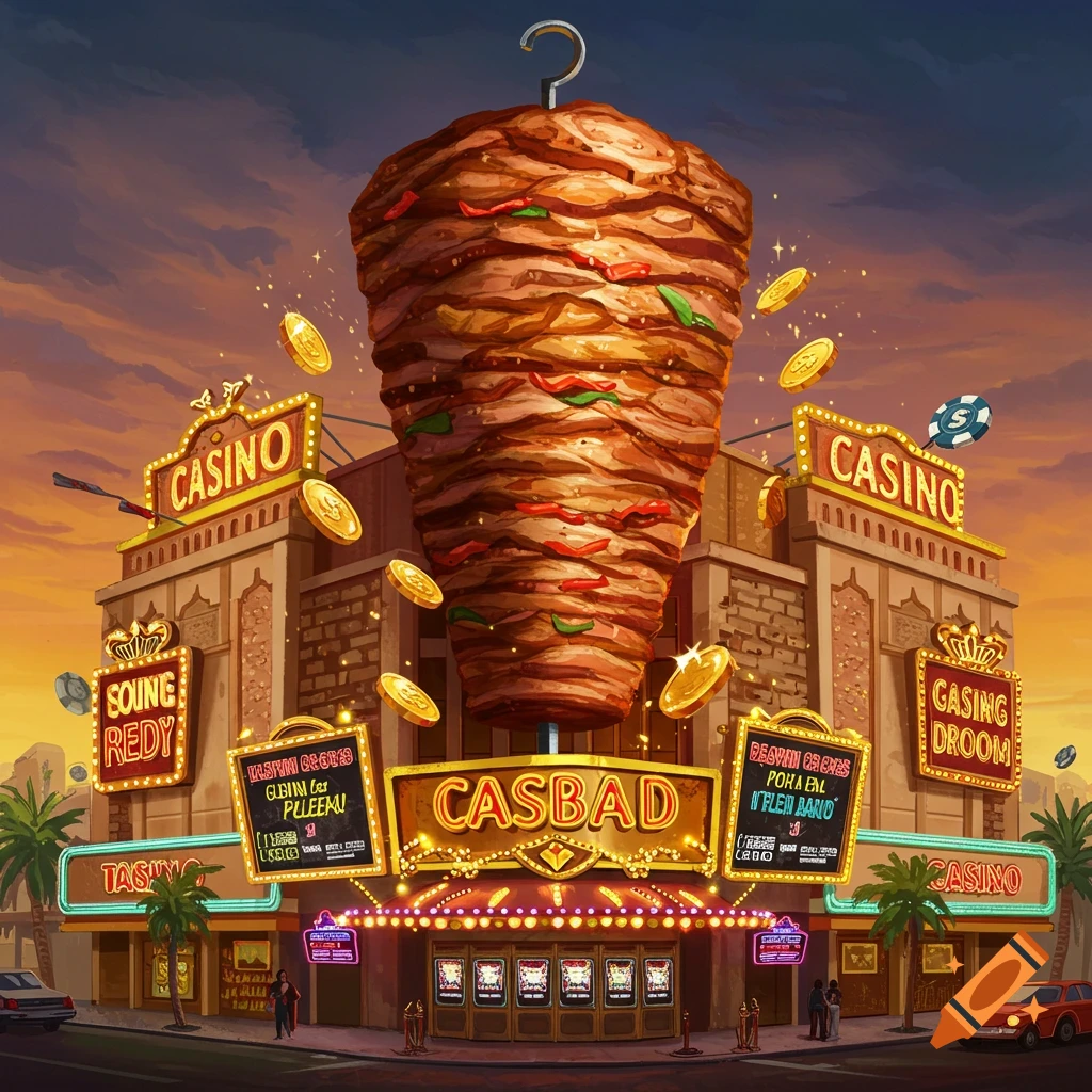 A casino building shaped like a giant vertical kebab skewer, with casino signs and floating coins.