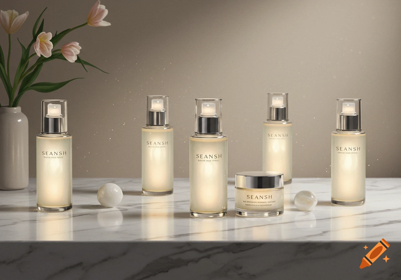 Skincare bottles and jar on a marble counter with flowers, soft lighting