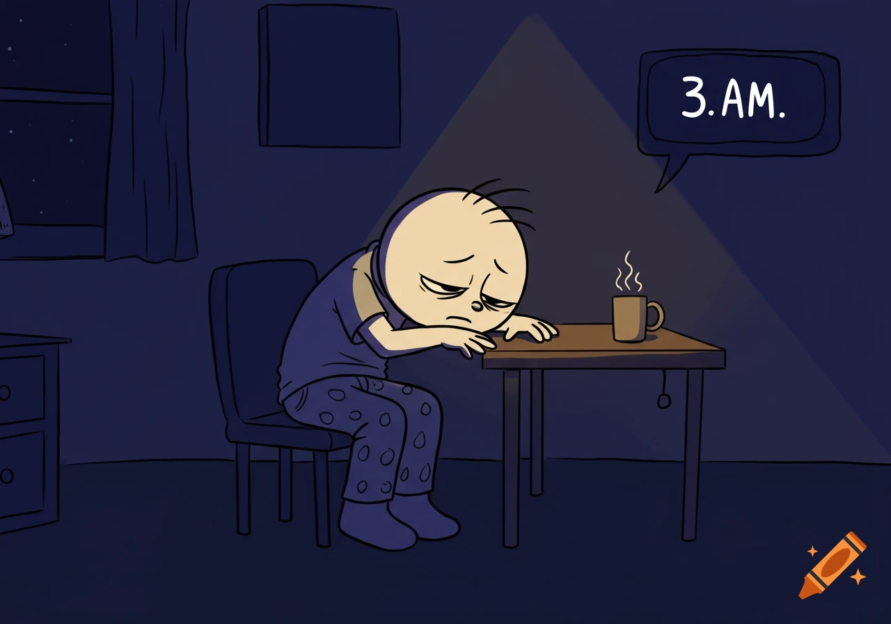 Cartoon of a sad person slumped over a table with coffee at night