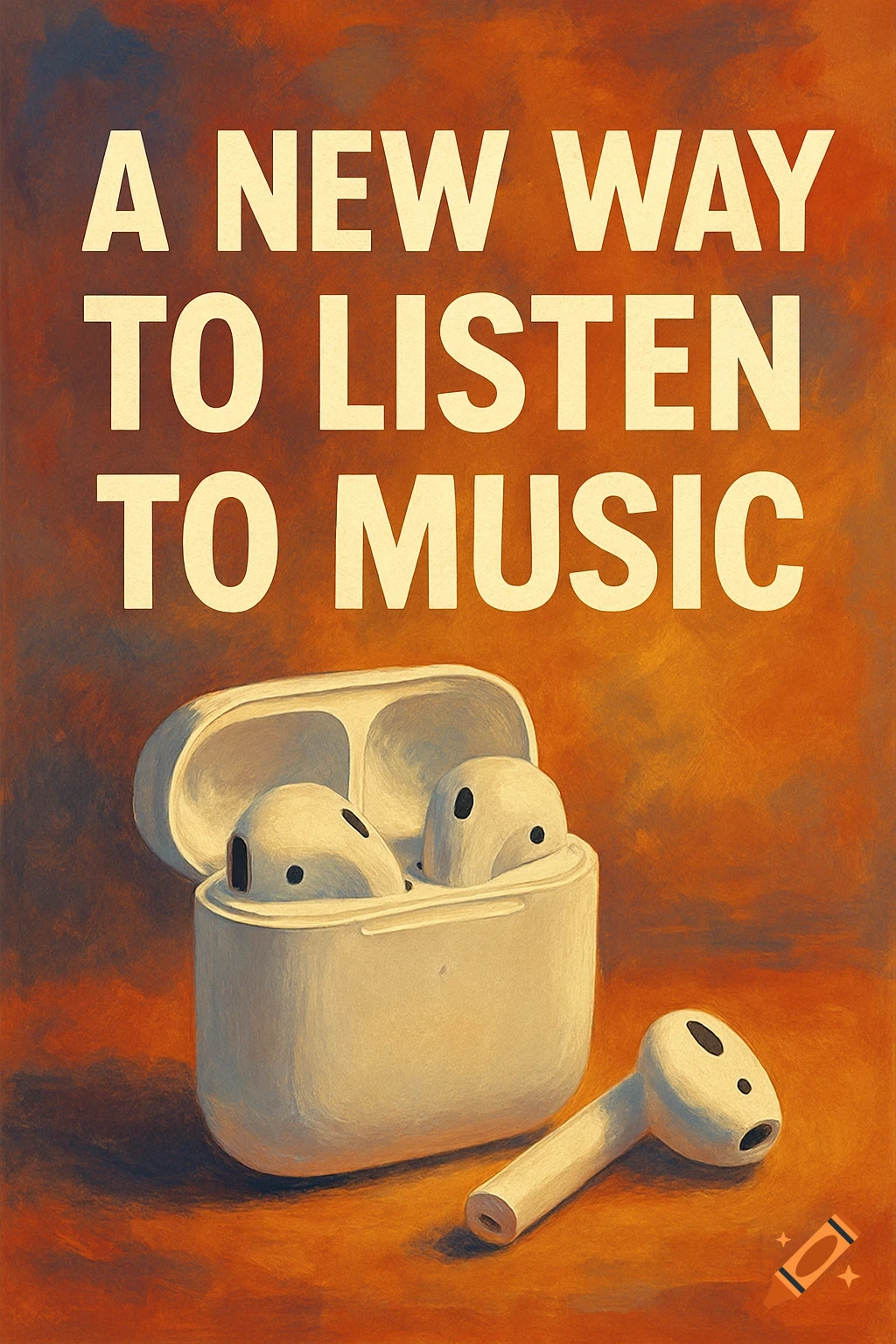Poster with text 'A NEW WAY TO LISTEN TO MUSIC' and a case of earbuds.