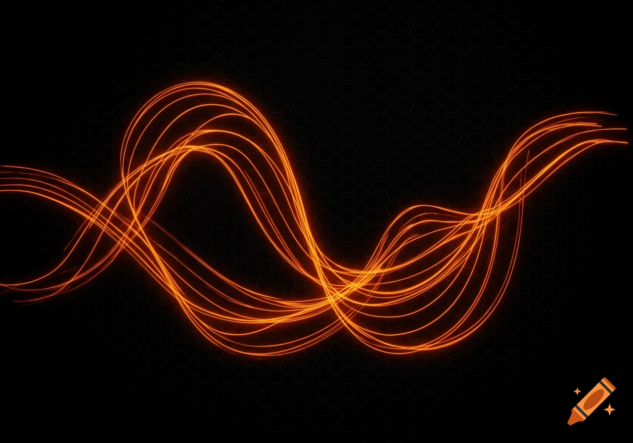 Orange wavy lines on a dark hexagonal grid background