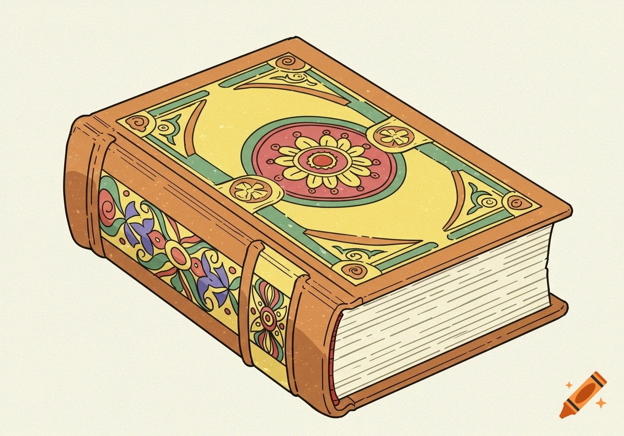 A closed book with ornate floral and geometric patterns on the cover and spine, in a coloring book illustration style.