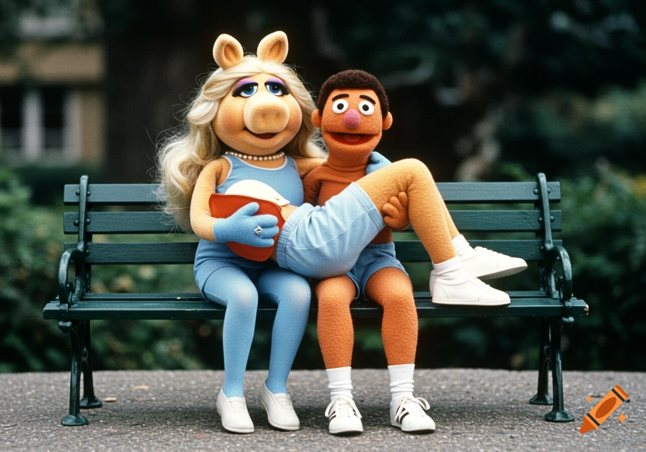 Miss Piggy holds a young muppet on her lap while sitting on a park bench.