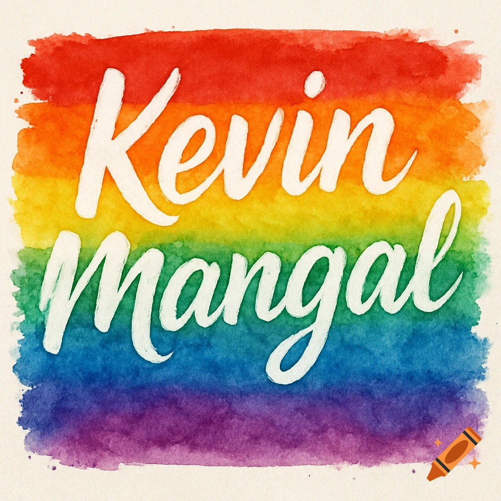 Watercolor painting of the name Kevin Mangal over a pride rainbow background.