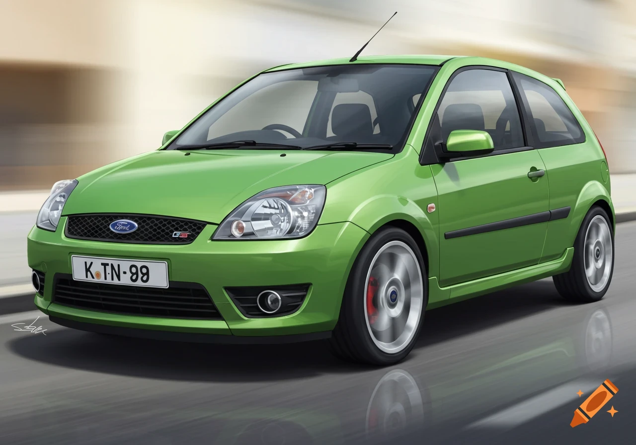 A green Ford Fiesta driving with motion blur.