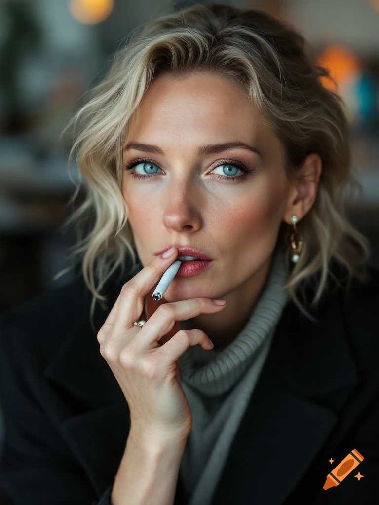 Close-up portrait of a woman with blonde hair and blue eyes smoking a cigarette, looking at the camera.