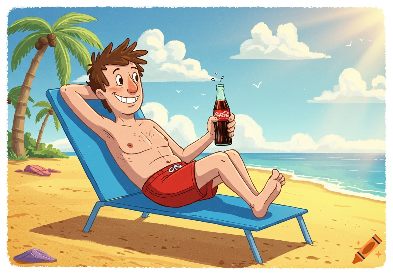 Cartoon man in swim trunks on a beach lounge chair holding a Coca-Cola.