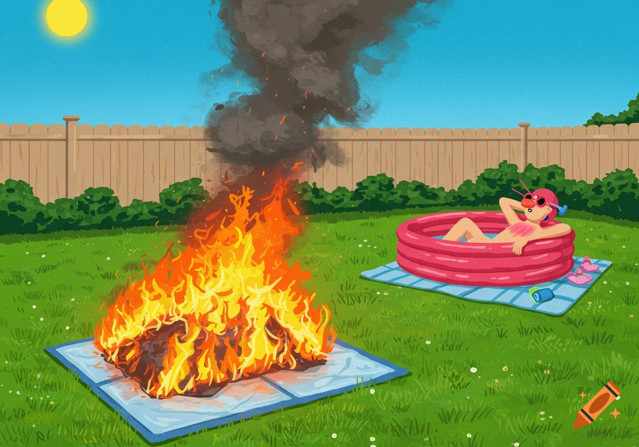 An illustration of a fire burning on a puppy pad in a backyard with a person sunbathing in a pool.