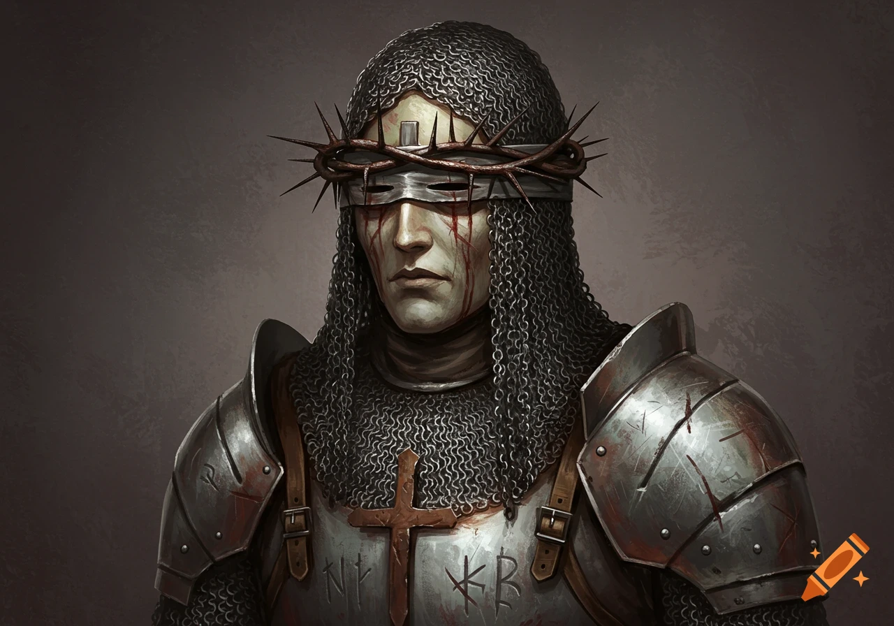 Dark fantasy painting of a knight figure in armor with a blindfold and crown of thorns, bloodstains on face and armor.