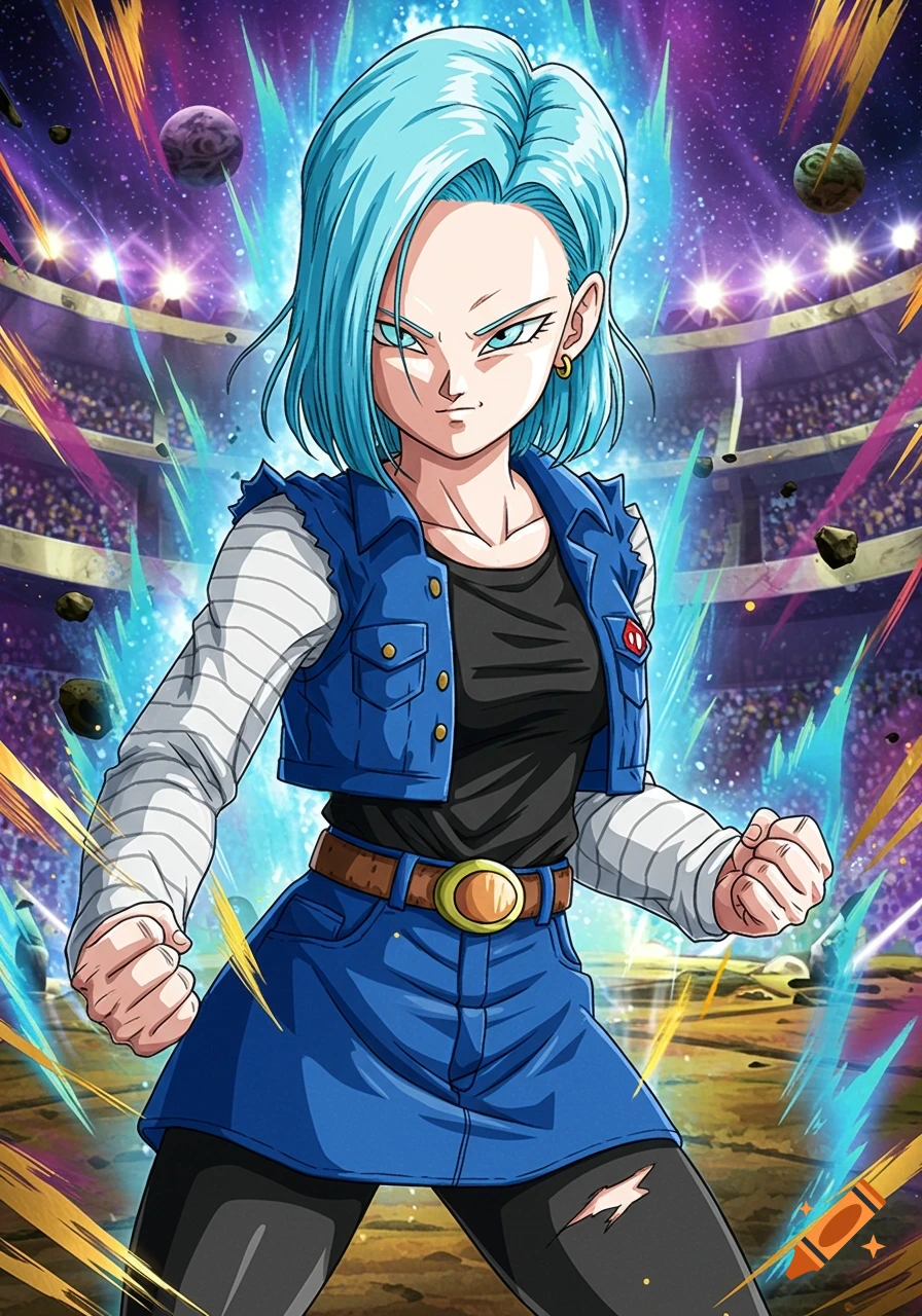 Android 18 in her Tournament of Power outfit in a stadium